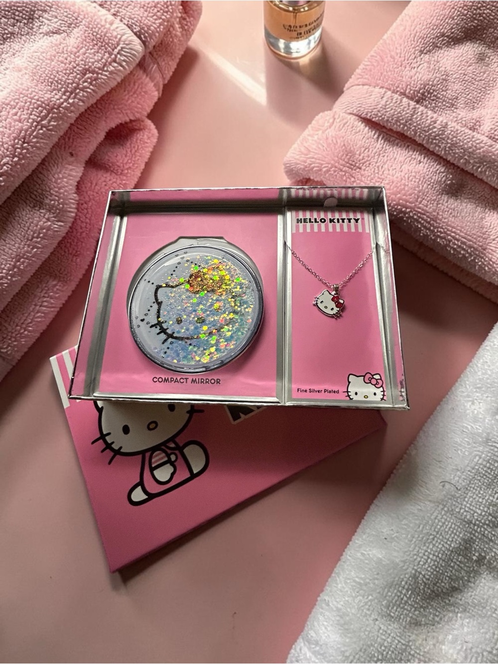 Hello Kitty Pink Glitter Compact Mirror and Silver-Tone Necklace Set